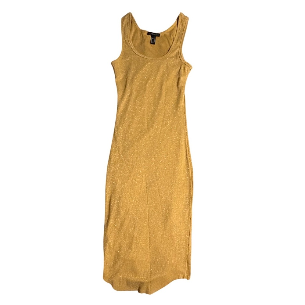 Women Gold Ribbed Sparkle Tank Midi Dress Bodycon Sheath Sleeveless Lined Size S